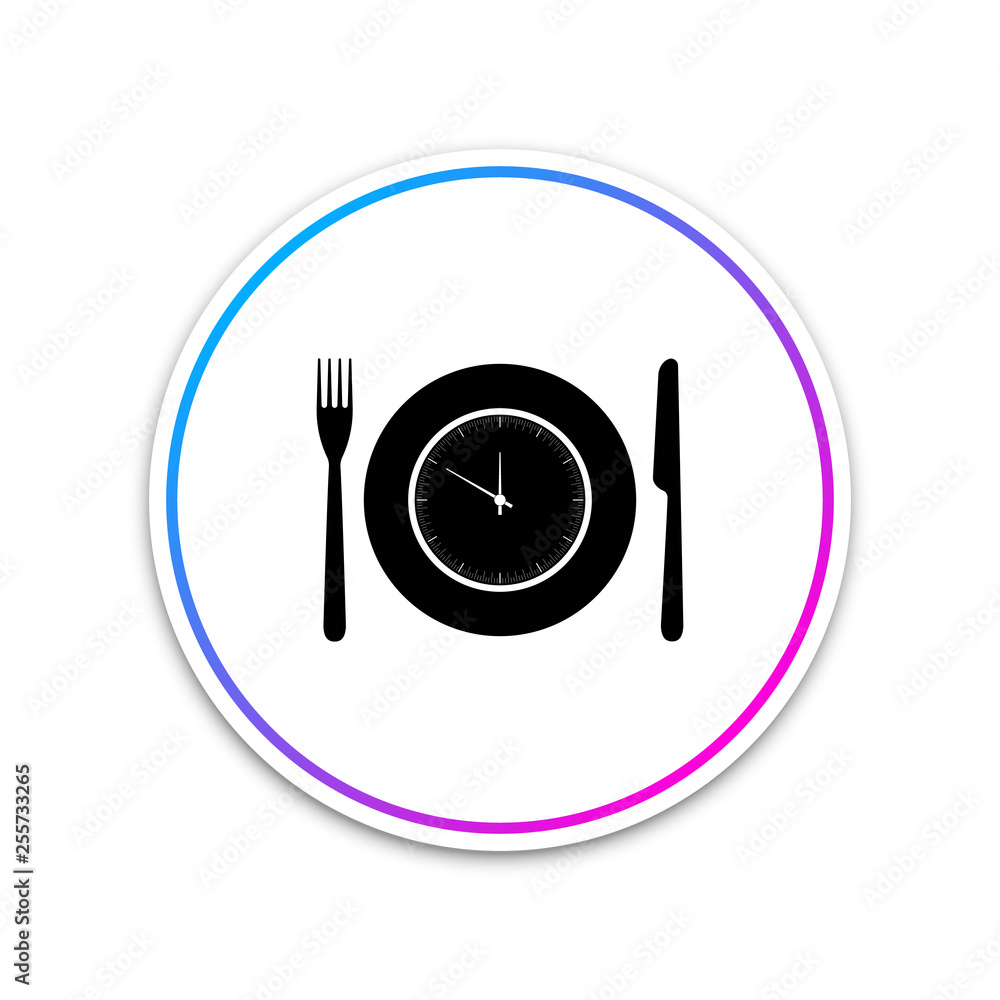 Plate with clock, fork and knife icon isolated on white background. Lunch time. Eating, nutrition regime, meal time and diet concept. Circle white button. Vector Illustration Plate with clock, fork and knife icon isolated on white background. Lunch time. Eating, nutrition regime, meal time and diet concept. Circle white button. Vector Illustration