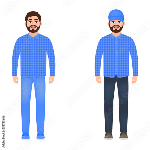 A man dressed in jeans, a plaid shirt, and a cap, a happy bearded guy, a character in a cartoon style.