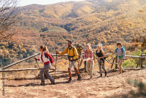 Group of hikers walking in row and exploring nature. Autumn time.