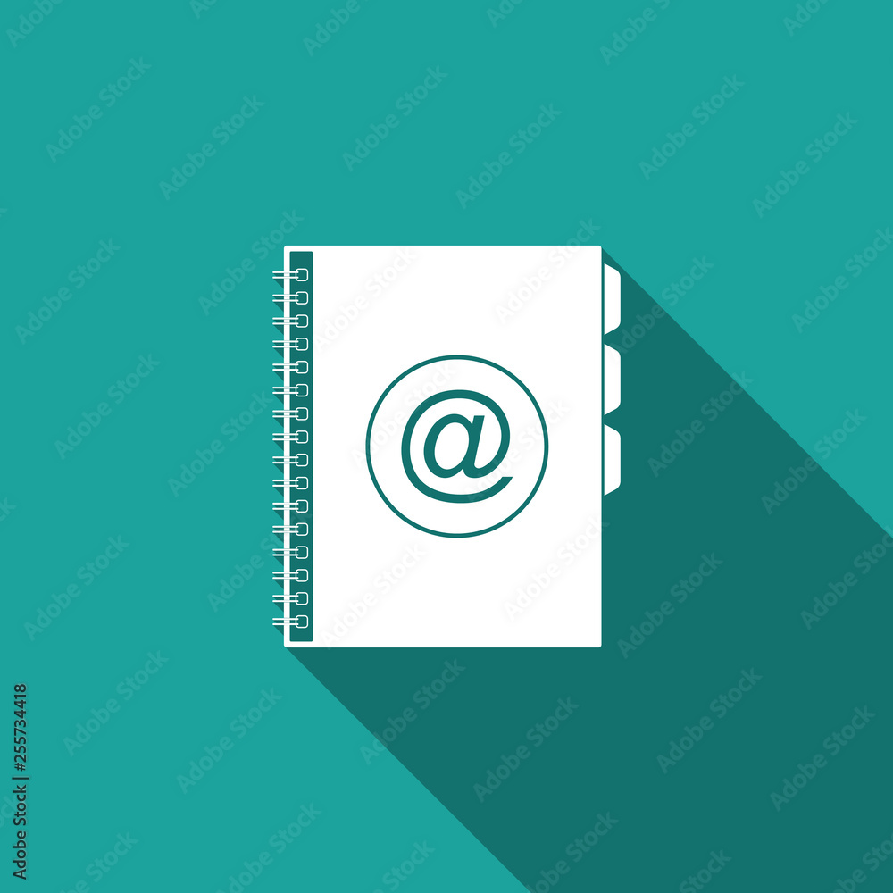 Address book icon isolated with long shadow. Notebook, address, contact, directory, phone, telephone book icon. Vector Illustration