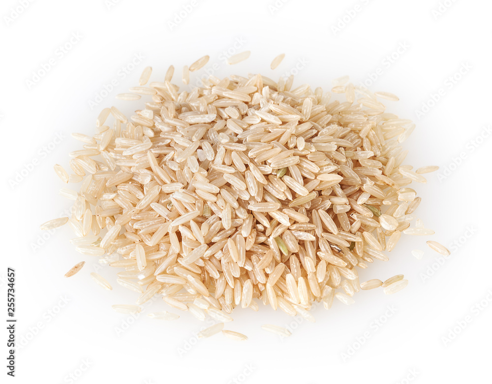 Heap of brown rice isolated on white background - obrazy, fototapety, plakaty 