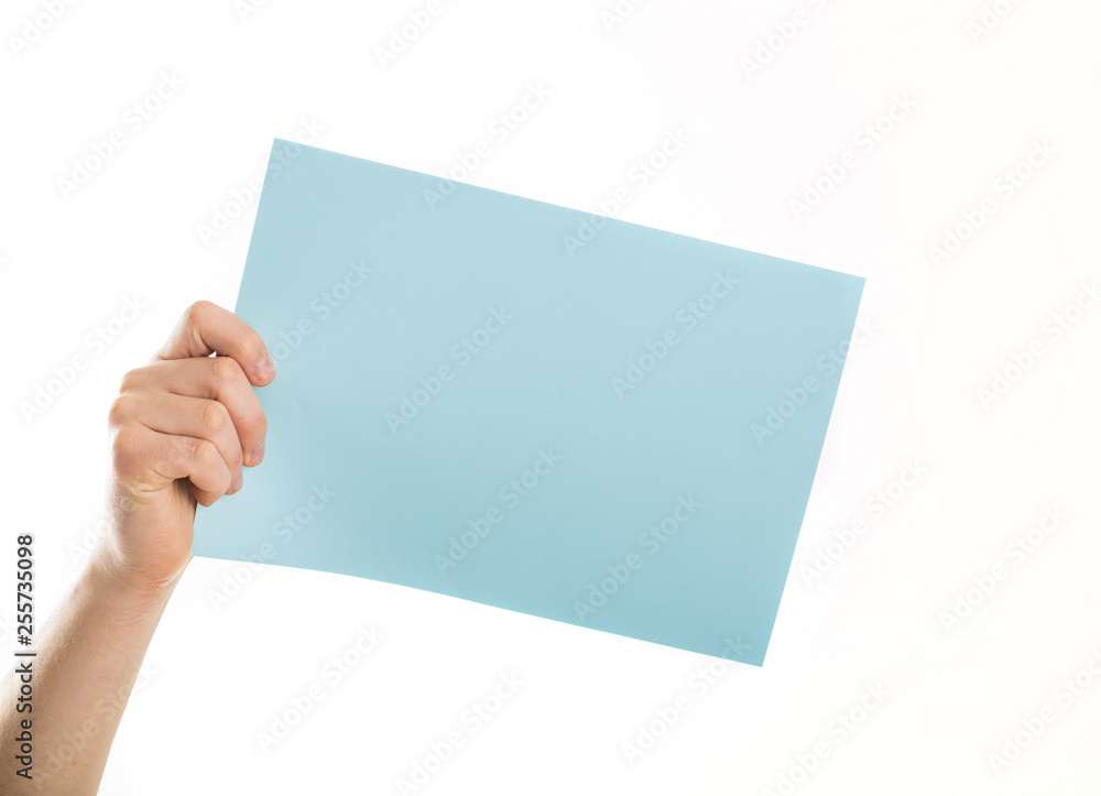 Hands holding blue empty paper blank a4 size for letter paper Hands holding blue empty paper blank a4 size for letter paper