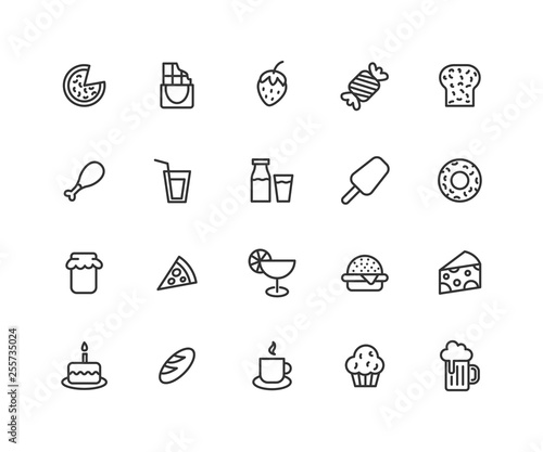 Simple Set of Food Vector Line Icons. Contains such Icons as Pizza, icecream, honey, burger and more. Editable vector stroke. 48x48 Pixel Perfect.