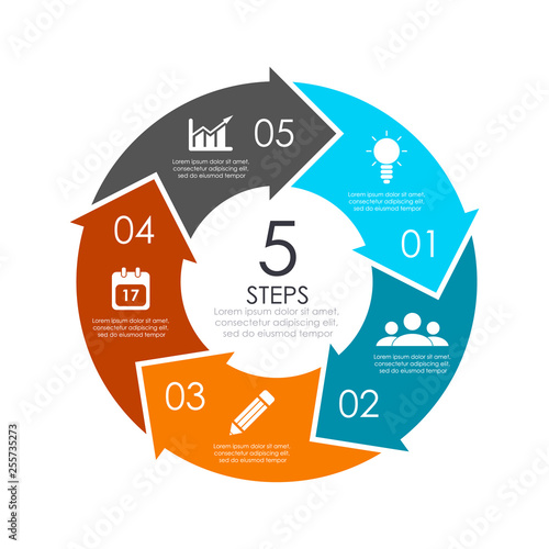 Vector circle chart infographic template with arrow for cycle diagram, graph, web design. Business concept with 5 steps or options. Abstract background.