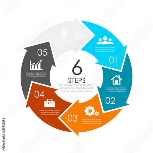 Vector circle chart infographic template with arrow for cycle diagram, graph, web design. Business concept with 6 steps or options. Abstract background.