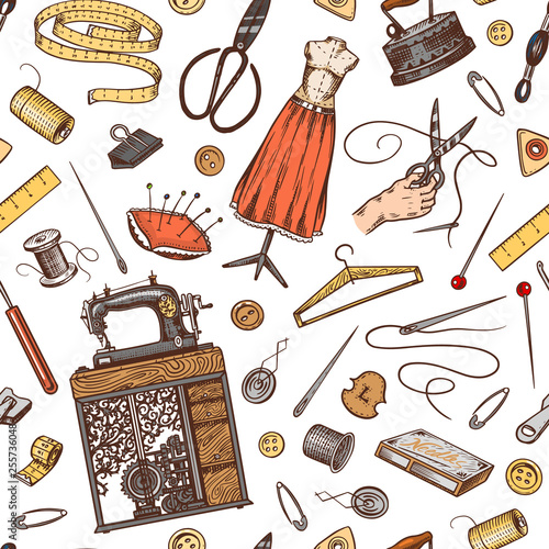 Sewing Seamless pattern. Tools and elements or materials for needlework. Tailor shop for badges labels. Thread and needle, mannequin. Engraved hand drawn realistic in old vintage sketch.