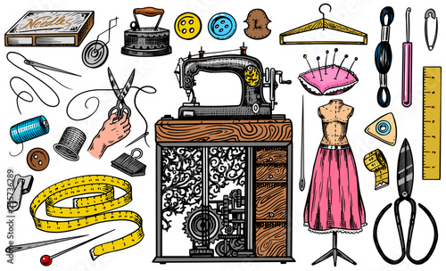 Set of sewing tools and elements or materials for needlework. Handmade equipment. Tailor shop for badges labels. Thread and needle, mannequin. Engraved hand drawn realistic in old vintage sketch.