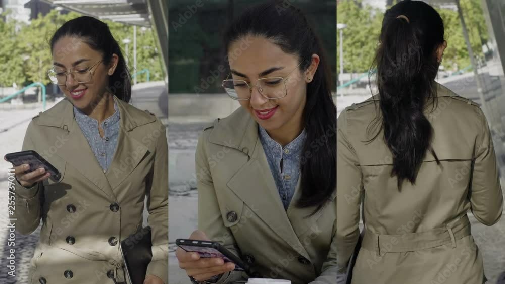 Collage of beautiful Hindu woman with smartphone. Multiscreen montage, split screen collage. Attractive brunette in eyeglasses wearing brown coat walking outdoor. Technology concept Collage of beautiful Hindu woman with smartphone. Multiscreen montage, split screen collage. Attractive brunette in eyeglasses wearing brown coat walking outdoor. Technology concept