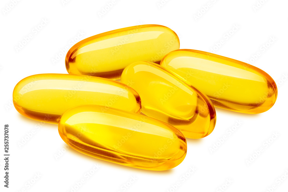 Fish oil pill, omega 3, isolated on white background, clipping path, full depth of field - obrazy, fototapety, plakaty 