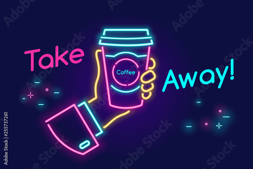 Take away and go drinking coffee on the move in neon light style on dark background