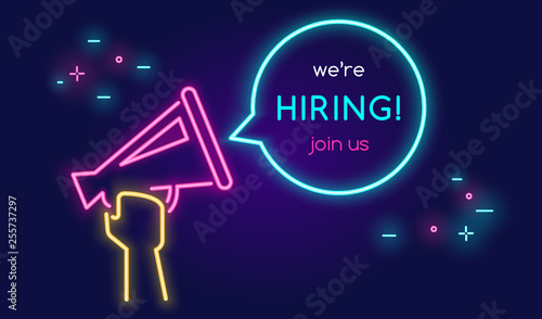 Megaphone shouting out with bubble speech we're hiring and join us