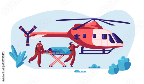 Professional Medicine Rescue. Paramedic Urgency Injured Character by Helicopter to Hospital for Healthcare. Copter Fast Transport Fly to Clinic for Help. Flat Cartoon Vector Illustration