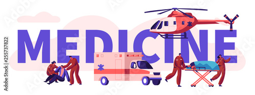 Emergency Paramedical Personnel Urgency Professional Medicine Rescue Team. Healthcare Man Casualty Vertical Banner. Stretcher Vehicle Helicopter Transport. Flat Cartoon Vector Illustration