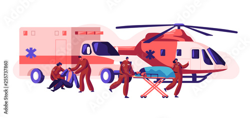Professional Ambulance Team Care your Health. Fast Transport, Copter and Car Healthcare Character from Accident and Transportation to Clinic Urgent. Flat Cartoon Vector Illustration