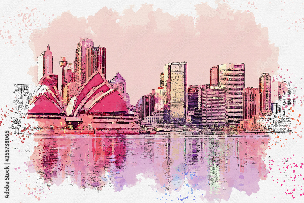 Naklejka premium Szkic akwarela lub ilustracja z pięknym widokiem na architekturę miejską Sydney w Australii. Pejzaż miejski lub miejska panorama