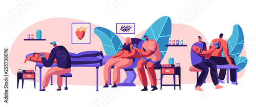Tattoo Master Make Ink Picture in Parlor Set. Young Professional Tattooist Hold Machine in Hand at Work. Man Artist Paint Human Body Back Shoulder in Studio. Flat Cartoon Vector Illustration