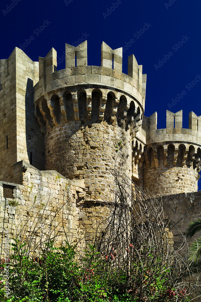 Cylindrical fortifications towers of the castle walls in rhodes island, Greece.