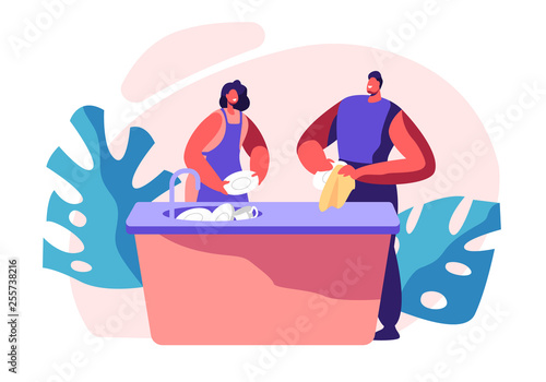 Family Kitchen Cleaning Time. Housework, Chores Domestic Working Dishes, Cleanliness and Routine. Person Smile, Happy for Dry Plate. House Interior Utensils. Flat Cartoon Vector Illustration