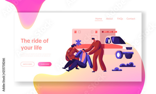 Paramedic Profession Medical Character Rescue Health on Ambulance Landing Page. Medic Urgent Transportation on Vehicle to Hospital for Healthcare Website or Web Page. Flat Cartoon Vector Illustration