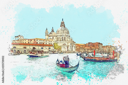 Watercolor sketch or illustration of a beautiful view of the Grand Canal and traditional houses in Venice in Italy. People swim in boats on the water.