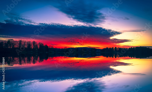 Lake view with perfect reflection. Photo from Sotkamo  Finland.