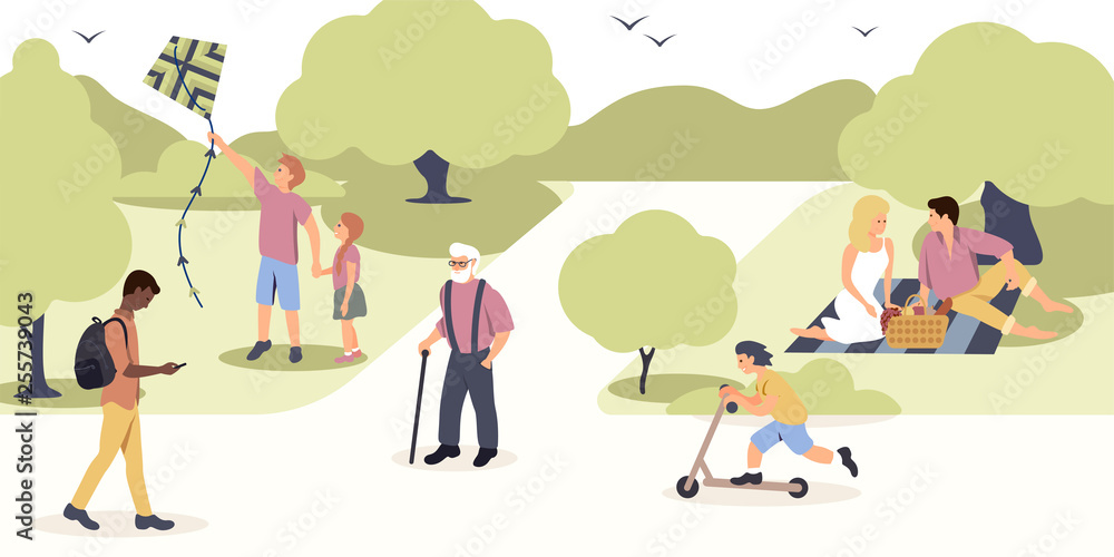 People walking in park color vector illustration