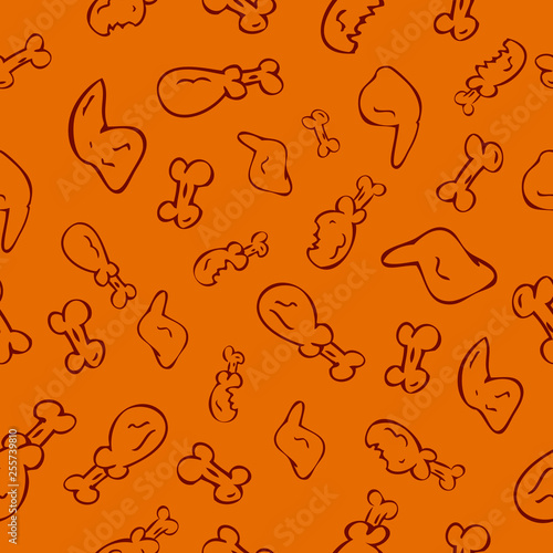 Seamless Pattern Hand Draw Sketch chicken leg, wing and Bone