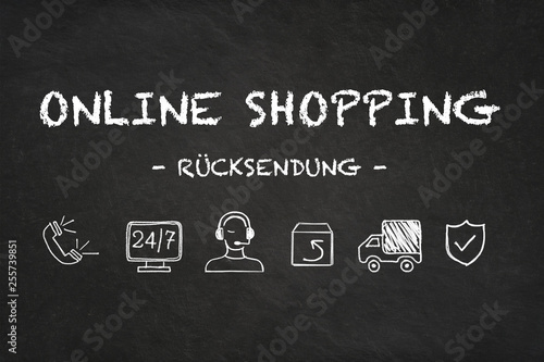 Online shopping "Rücksendung" text and icons on chalk board background. Translation: "return"