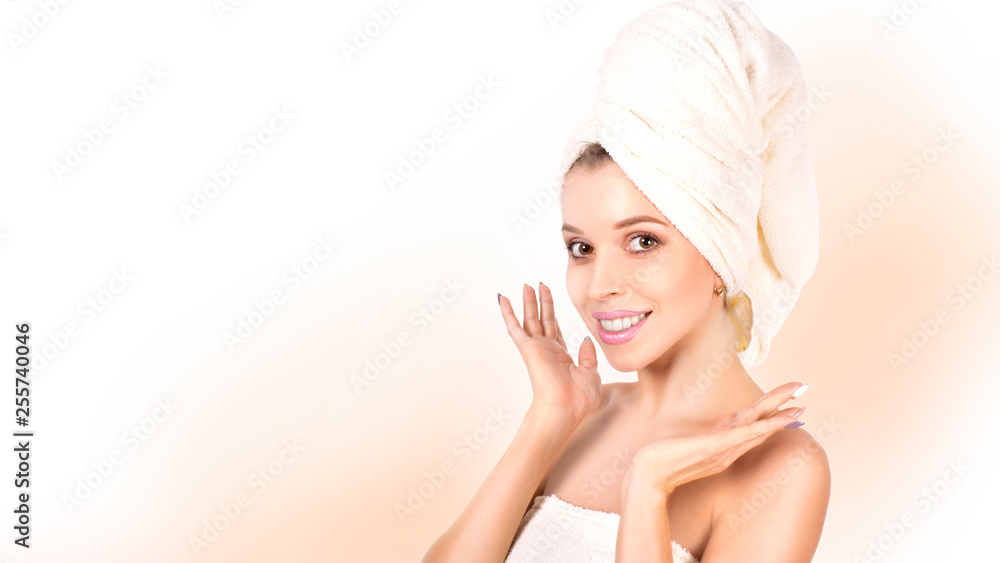 Spa girl. Beautiful young woman after bath touching her face. Perfect skin. Skincare. Young skin Spa girl. Beautiful young woman after bath touching her face. Perfect skin. Skincare. Young skin