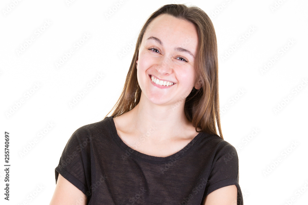 beautiful happy woman with large smile on white background beautiful happy woman with large smile on white background