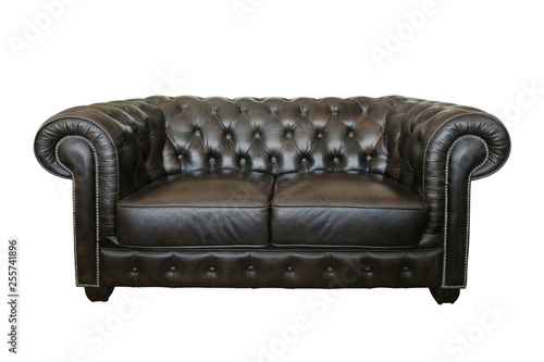 Dark brown old leather sofa isolated on white background