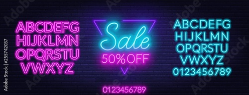 Sale neon sign in a triangular frame. Offer a discount. Template with fonts. Vector illustration