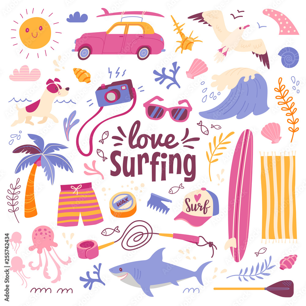 Love surfing background. Vector illustration in cartoon style of summer icons, including animals, plants and surfing equipment: surfboard, fins, leash and clothes elements. Isolated on white. asic RGB