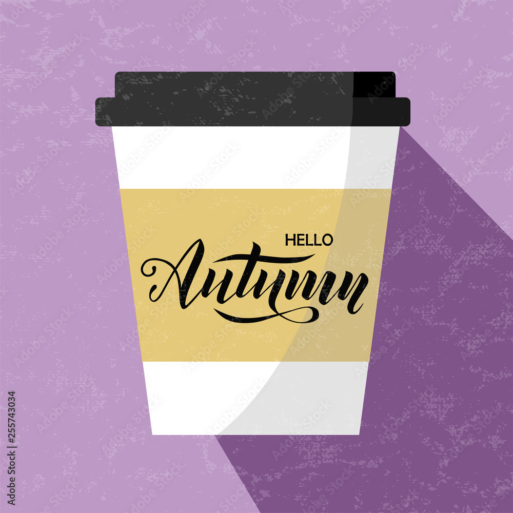 Hello autumn lettering text on violet background with hot cup for shopping sale or promo poster, logo,card,menu, banner and frame leaflet or web banner. Vector brush calligraphy illustration template.