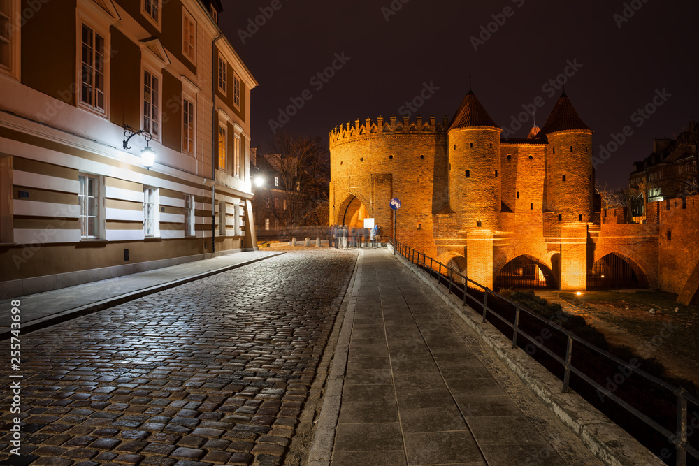 Podwale Street and Barbican in Warsaw at Night