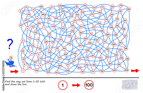 Logic puzzle game with labyrinth for children and adults. Find the way out from number 1 till 100 and draw the line. Printable worksheet for brainteaser book. Developing skills for counting.