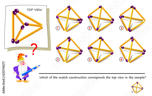 Logic puzzle game with matchstick for children and adults. Which of the match construction corresponds the top view in the sample? Printable page for brainteaser book. 