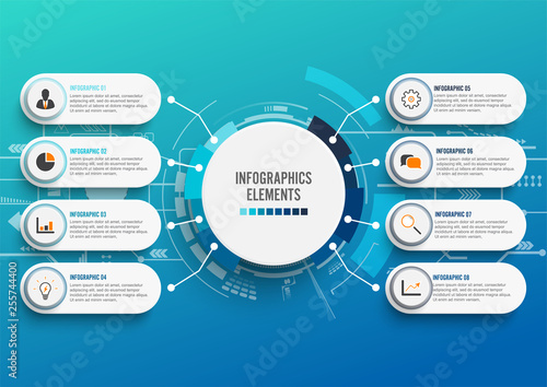 Vector infographic template with 3D paper label, integrated circles. Business concept with 8 options. For content, diagram, flowchart, steps, parts, timeline infographics, workflow, chart.