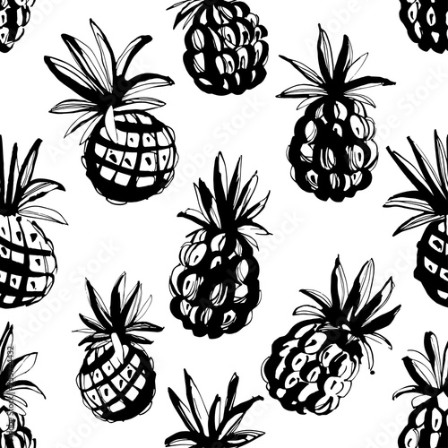 Tropical beach party seamless pineapple pattern background. Black white print