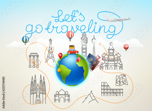 Lets go traveling. World travel vector color illustration