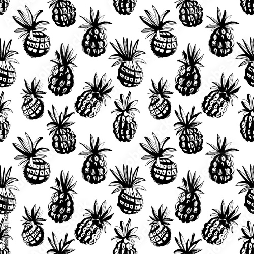 Tropical beach party seamless pineapple pattern background. Black white print