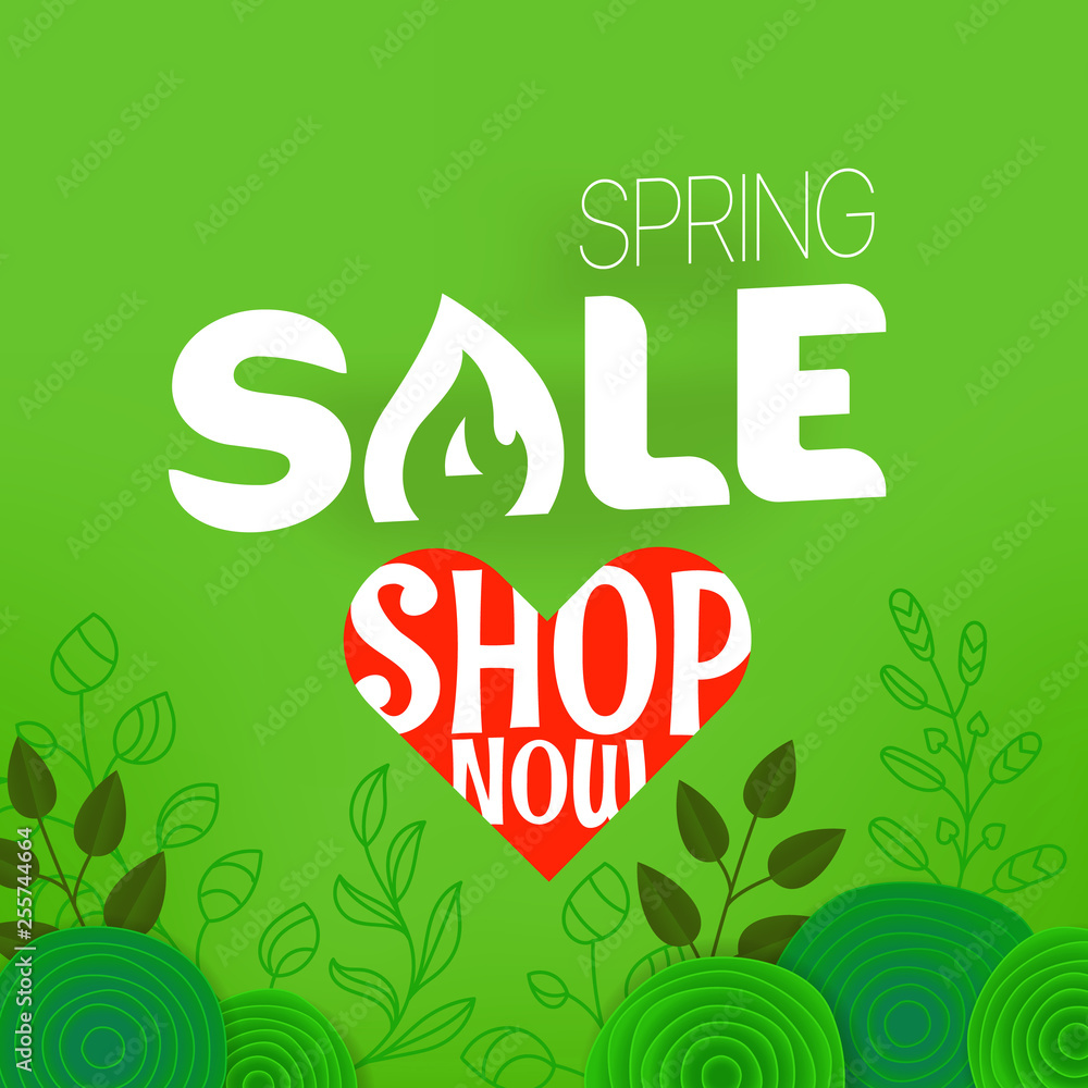 Fototapeta premium Spring sale offer. Shopping banner template with gift boxes and abstract flowers. Shop now