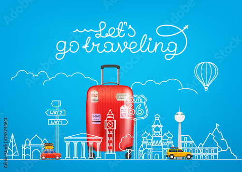 Travel concept. Vector illustration with famous sights and accessories