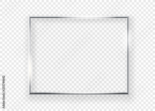 Realistic shining metal picture frame on a wall. Vector illustration Horizontal frame isolated on transparent background