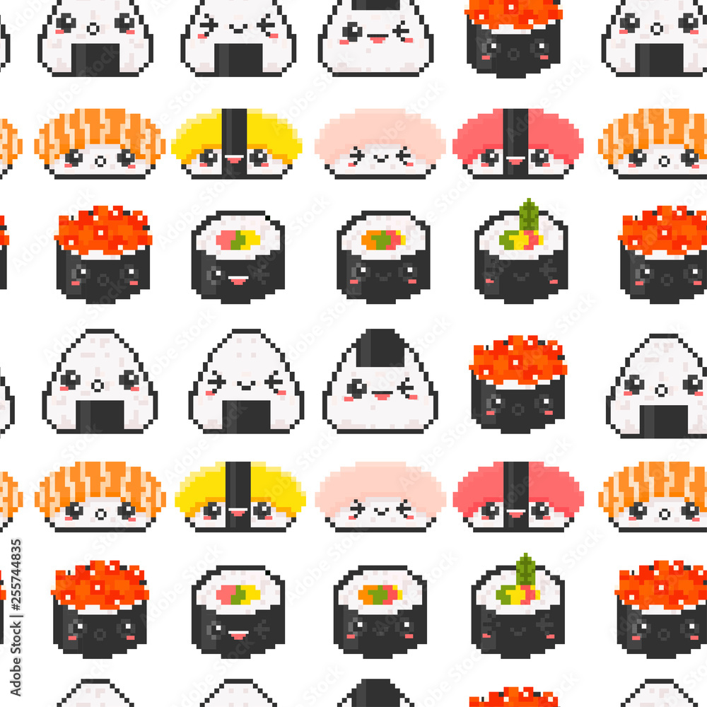 Various sushi with face emotions. Pixel art. Hand drawn trendy illustration. Flat design. Kawaii vector seamless pattern Various sushi with face emotions. Pixel art. Hand drawn trendy illustration. Flat design. Kawaii vector seamless pattern