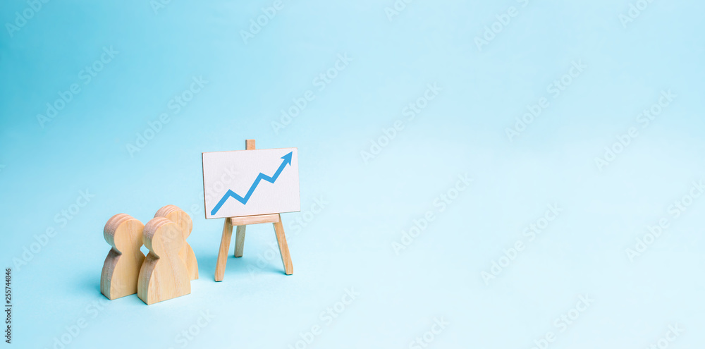 Fototapeta premium People stand near the canvas with arrow up and reports. Concept of business processes, presentations and staff briefing. Business report, summary and planning. Market research and analysis banner