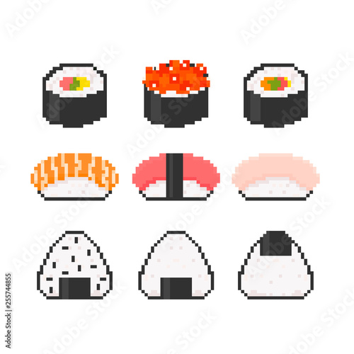 Various tasty sushi. Pixel art. Hand drawn trendy illustration. Flat design. Colored vector set. All elements are isolated
