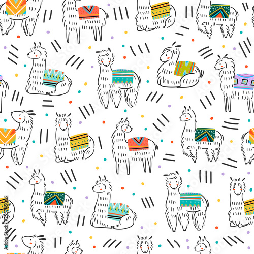 Graphic sketchy llamas in various poses with colorful carpets on back. Lines and dots. Hand drawn trendy vector seamless pattern