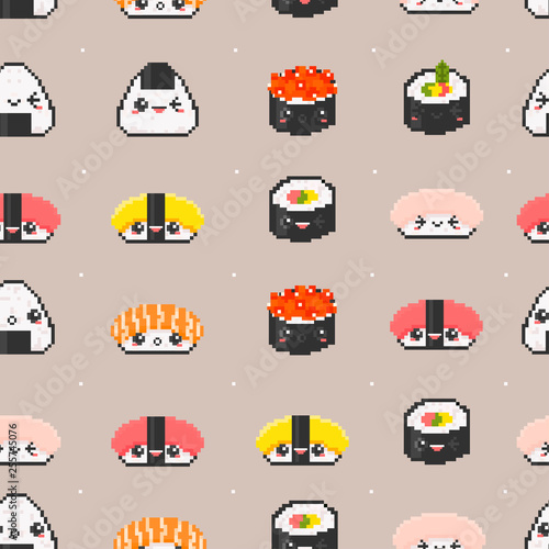 Various sushi with face emotions. Pixel art. Hand drawn trendy illustration. Flat design. Kawaii vector seamless pattern. Beige background