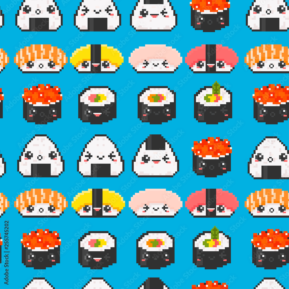 Various sushi with face emotions. Pixel art. Hand drawn trendy illustration. Flat design. Kawaii vector seamless pattern. Blue background